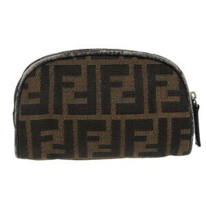 FENDI Zucca Canvas Pouch Brown Black Auth